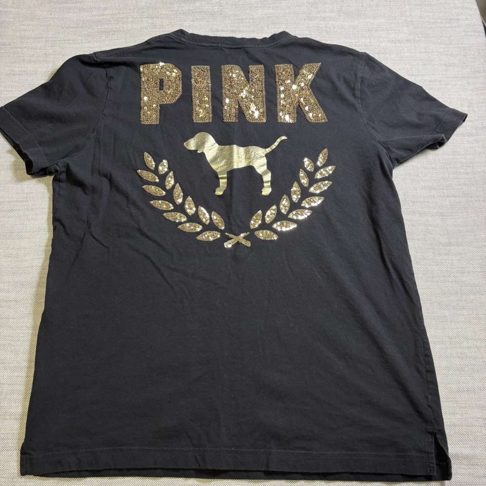 PINK Victoria's Secret, T-Shirt, Large, Black, Gold Sequin Logo
